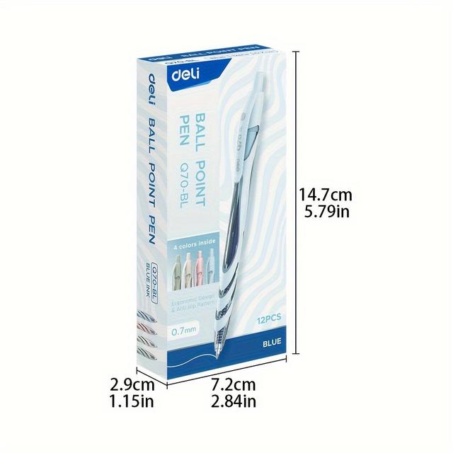 TEMU 12pcs Deli 0.7mm Blue Ballpoint Pen, Ballpoint Pen With And Low Ink And Macaron Color Scheme For A Stylish Design, Ballpoint Pen For Office & &