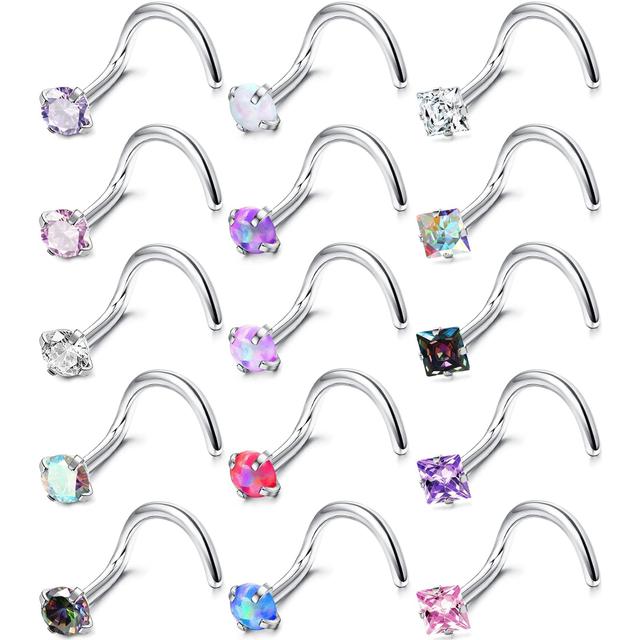 TEMU 15개 20G 코 링 스테인리스 스틸 코 링 스터드 L자형 나사 스터드 링 큐빅 지르코니아 코 링 래브렛 립 코 피어싱 쥬얼리 남녀 공용