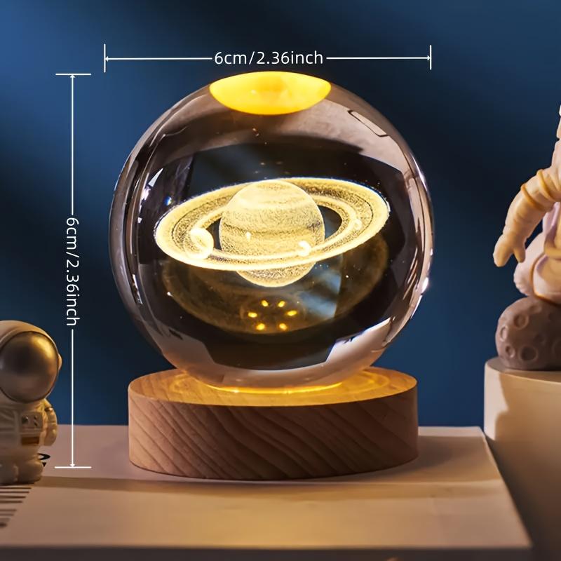 TEMU For Saturn Crystal Led Night Light | Modern Space Theme With Wooden Base | Warm Ambient Glow For Bedroom & Study Decor | Glass Sphere Design | Battery-free Operation