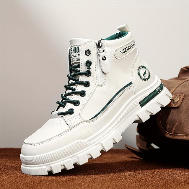 TEMU Bottes de Sport Décontractées Vintage pour Hommes, Couleur Unie Mi-Haute à Lacets avec Bout Plat, Tige , Intérieur en Tissu, Semelle en PVC, Semelle Intérieure EVA pour Toutes et