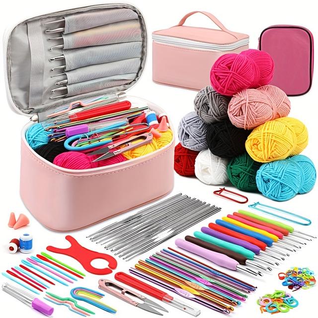 TEMU Complete 129pcs Crochet Kit With Yarn, Hooks, Needles & Accessories - Includes Storage Bag For Beginners, Assorted Colors
