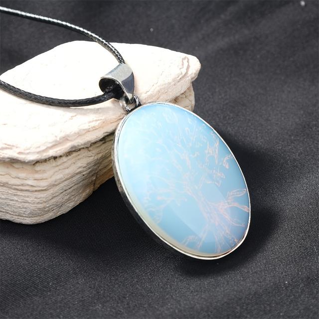 TEMU Bohemian Style Men's Oval Tree Of Life Pendant - Dual-sided Opal Inlay, Perfect For Daily Wear & Special Occasions, Ideal Birthday Or Christmas Gift