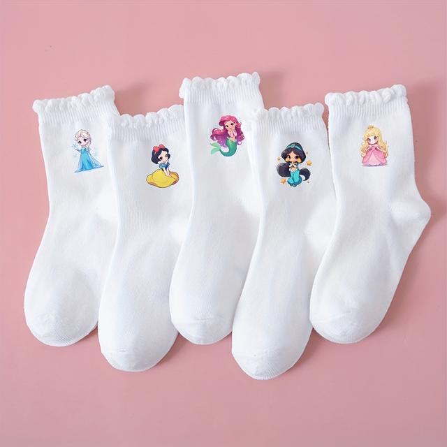 TEMU 5 Pairs Of Princess Printed Children's Socks, Comfortable And Breathable, , Simple And Versatile Baby Girl Socks, Suitable For , Home, Parties, Sports, Travel And Daily Life Outfits