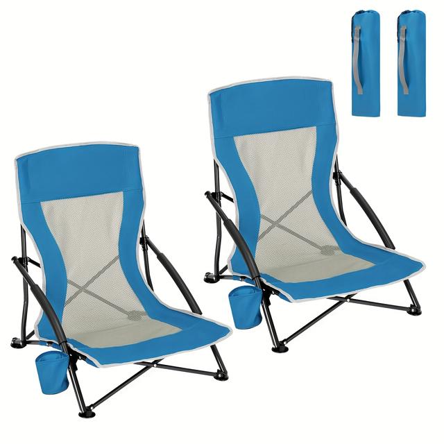TEMU 2 pièces Coussin Épais et Accoudoir Chaise de Camping Pliable en avec Porte-Gobelet + Sac à Main Ensemble Durable, Léger Bleu Espace Idéal pour la Plage ou