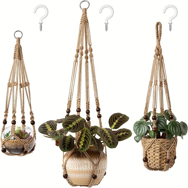 TEMU 3pcs Macrame Plant Hangers Indoor Different Size Hanging Planter Basket Flower Pot Holder With Beads No Tassels