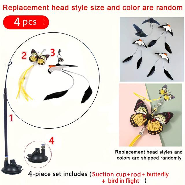 TEMU Zestaw 4 zabawek dla kota, w tym motyle i ptaki, zaprojektowany do interaktywnej zabawy i ćwiczeń dla zwierząt. Posiada długi pręt z dzwoneczkiem i mocną przyssawką, bez baterii.