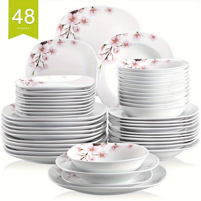 TEMU 48pcs Dinnerware Set Made Of Porcelain In Featuring A Pink , Suitable For Serving 12 People