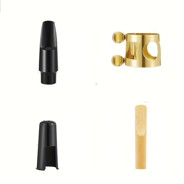 TEMU 4pcs Sax Mouthpiece Kit 1 Golden Saxophone Mouthpieces, 1reeds, 1plastic Caps 1sax Ligatures For Prolonged Usage Or Replacement For Or Music Enthusiast