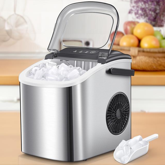 TEMU Tragbare Eiswürfelmachine, Tisch-Eiswürfelmacher, 9 Eiswürfel in 6 Minuten, 12 kg in 24 Stunden, Inklusive Eisschaufel und Korb, Ideal für Zuhause, Küche oder Büro, Edelstahl