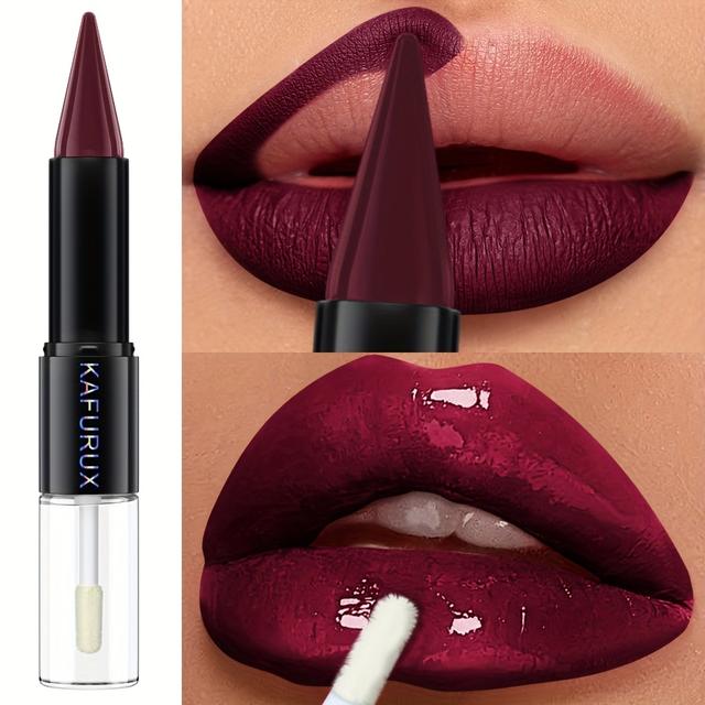TEMU Double-ended Lipstick For Women - Matte & Glossy Lip Oil With Moisturizing Formula, Waterproof Long-lasting, Deep Burgundy , Portable Travel Makeup For All Light Beige Types