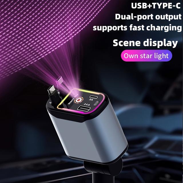 TEMU شاحن سيارة Starlight، شاحن سيارة USB-C بقوة 66 واط، محول شاحن سيارة 4 في 1 قابل للسحب مع 2 منافذ USB، شاحن هاتف سيارة، شاحن سيارة سريع لجهاز S23 والهواتف الذكية، اللون الرمادي