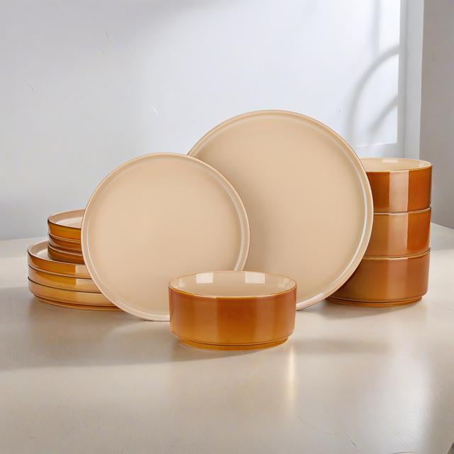 TEMU 12pcs Stoneware Dinnerware Set - 4 Dinner Plates, 4 Dessert Plates, 4 Cereal Bowls- Rustic Brown Kiln- Exterior - Durable Stylish Tableware