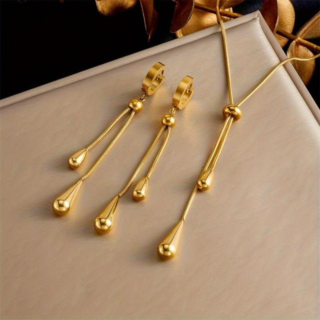 TEMU A Stylish Jewelry Set For Women Featuring A Stainless Steel Necklace And Earrings, With A Golden Tassel And Water Drop Pendant, Perfect As A