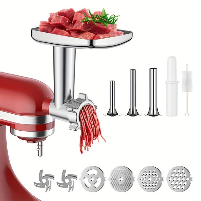 TEMU -compatible Meat Grinder & Sausage Stuffer Attachment Set, Heavy Duty, 4 Plates, 3 Tubes, 2 Blades, Includes Cleaning Brush, Holiday Cooking, Home Baking Outdoor Cookware (hand Wash Only)