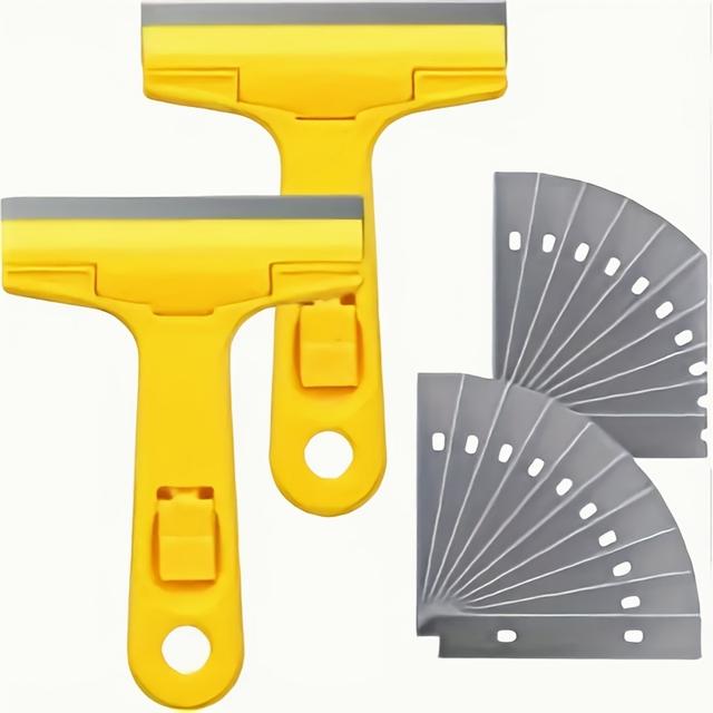 TEMU Set Of 2 Industrial Glass Window Scrapers, Heavy-duty Manual Cleaning Tools, Includes 20 Blades For Removing Stains, Paint, Glue, Dirt, Wallpaper, Etc. Color: Yellow.