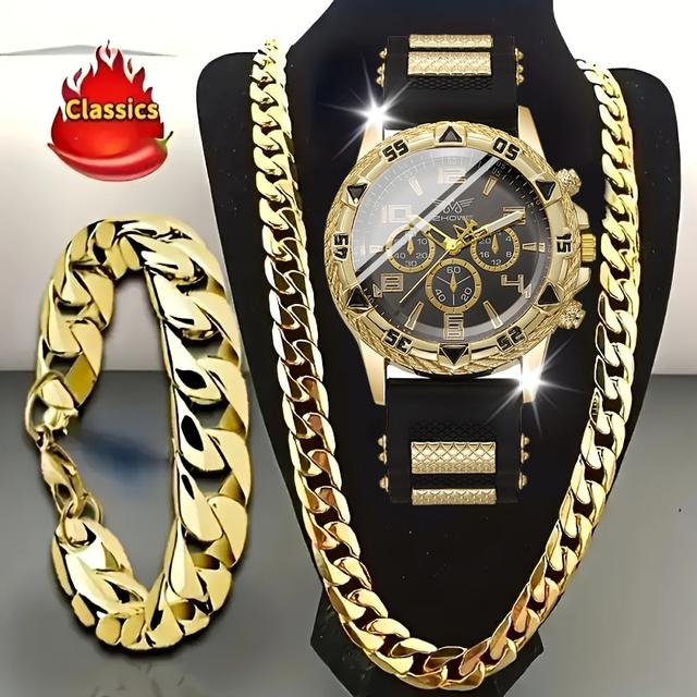 TEMU 3pcs Men's Quartz Watch Set - Sport Round Dial Watch With Chain, Silvery And Golden Accents, Battery Powered, Suitable For Casual Wear, Casual Watch | Sport Watch Design, Men's Gift