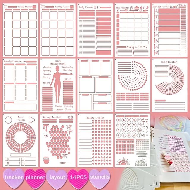 TEMU 14pcs A5 Plastic Reusable Multi-functional And Planner Stencils For Dotted Journals, Easy To Track Life And Create Layout For Dot Journal Notebook