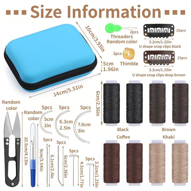 TEMU Hair Extension Clip Wig Making Set, Hair Weave Sewing Thread With 50pcs Metal Snap Clips, I/j/t/c Needles And Storage Bag For Diy Wig Making Hand Sewing
