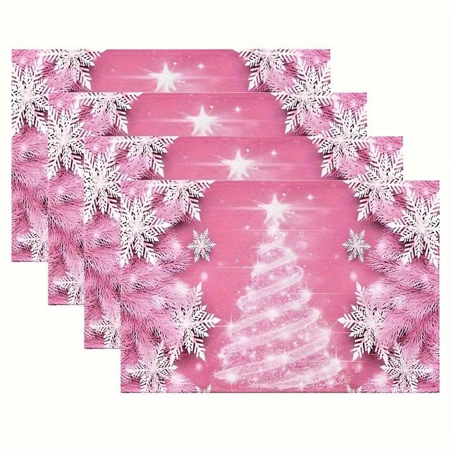 TEMU 4er-Set, Rosa Tischsets mit Weihnachtsbaum- und Schneeflocken-Design, für den Esstisch, Festliche Weihnachtsdekoration, Geeignet für Zuhause, Restaurant und Hoteldekoration
