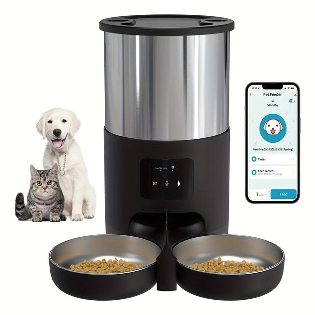 TEMU 4,5L Doppelmahlzeit APP Wifi Automatischer Futterspender für Katzen Hunde Edelstahlschüssel Feeder ohne 5V 1A USB-Stecker