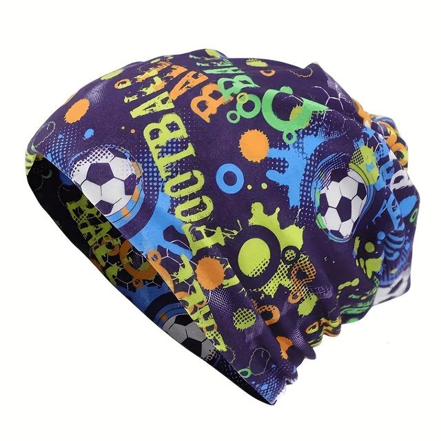 TEMU 1er-Pack Modische Fußball-Druck Stretch Unisex Schädelkappe mit Nackenwärmer - Weicher Vintage-Stil, Vielseitiger Nackenwärmer Überziehbare Mütze für Frauen Männer, Streetwear Hip Hop Beanie