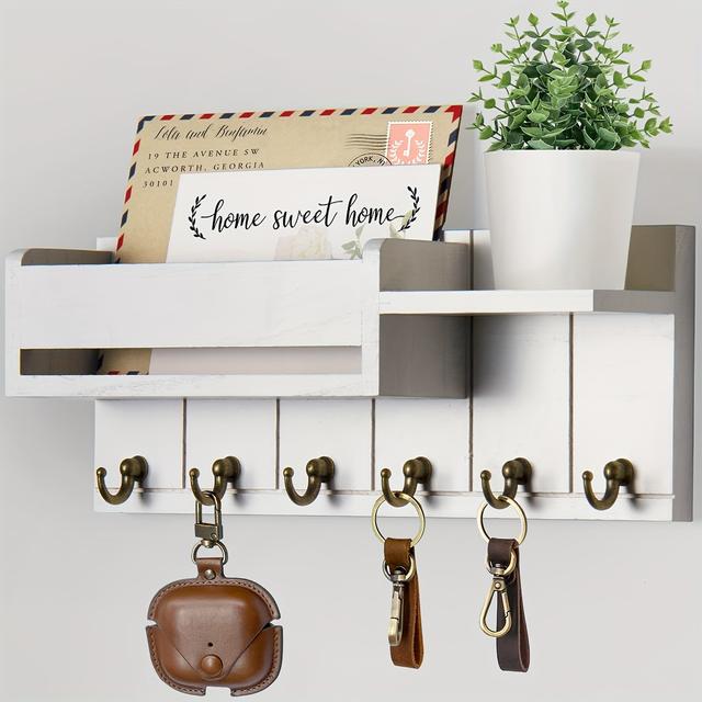 TEMU Rustic Wooden Wall-mounted Key Holder With Mail Organizer Tray | Painted End, Space-saving Design, Suitable For Entryway, Kitchen, Living Room, Bathroom