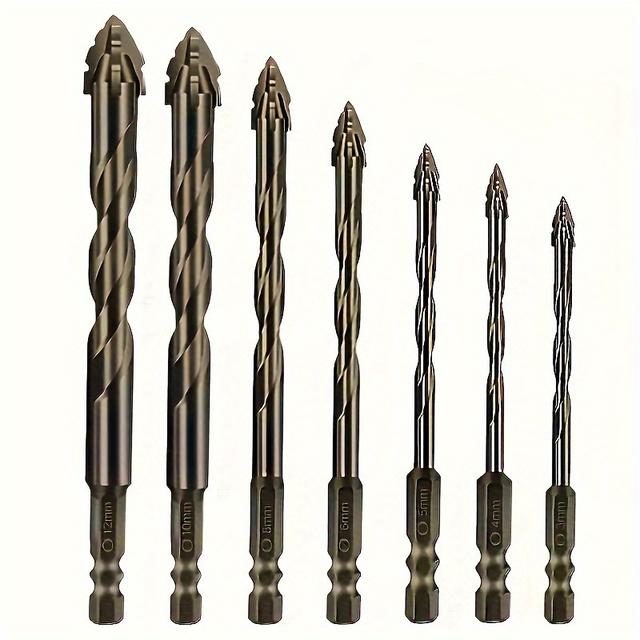 TEMU 7pcs Carbide Drill Bit Set - Durable, High- For Ceramic, Glass, Marble, Concrete & Stainless Steel, Four-toothed, Dry Drilling