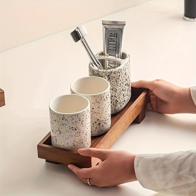 TEMU ウォールナット製バスルームトレイ、中国風ミニマリスト、滑り止め表面付き、斑点グレー大理石デザインのカウンタートップ整理用 | 多機能トイレタリー収納、天然木工、多用途、省スペース