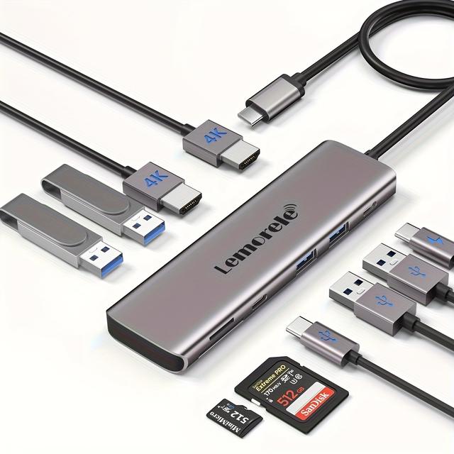 TEMU Lemorele 10-port Dock Station With 4k Hdtv, , Pd100w Fast Charging, Sd/tf Card Reader, Type-c Adapter For Laptop, Smartphone, Tablet, Dock Station