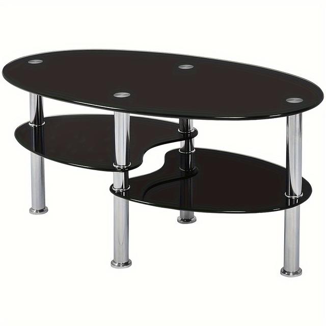 TEMU Tempered Glass Living Room Table, 2-layer Oval Glossy Coffee Table, Black Top And , Chrome Legs, Table With Storage 90 × 50 × 43 Cm