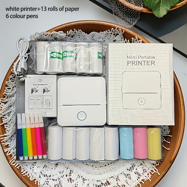 TEMU Multifunktionaler Mini-Drucker mit drahtloser Thermoverbindung für Arbeitsblätter, Etiketten, Fotos Texte, inklusive beheiztem Druckpapier, Set-Optionen mit 10 oder 13 Rollen Papier