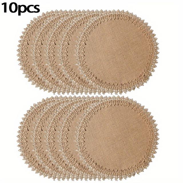 TEMU 10pcs Linen Round Woven Placemats, Suitable For Dining Table, 14.96 Inch Heat Resistant Jute Coasters, Farmhouse Decor Burlap With Fringe