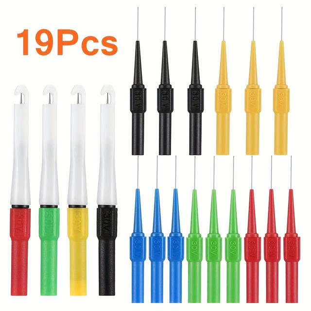 TEMU 19 Piezas Kit de Pruebas para Multímetro, 15 Pines de de 0.7 mm con 4 Sondas de Perforación de Cable Aislado para Automóvil, Enchufe Banana para Probador de Coche