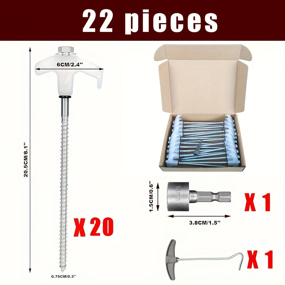 TEMU Set Of 22 Durable 8-inch Tent Stakes Featuring -the-dark Tops, Screw-in Ground Anchors, A Hex Head Driver, And A Carrying Case - Ideal For Camping And Outdoor Stability