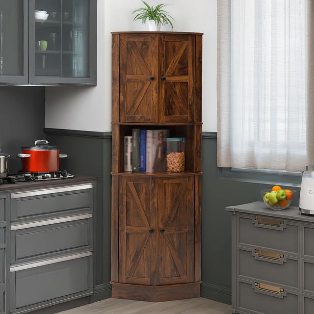 TEMU Tall Farmhouse Corner Cabinet With 4 Barn Doors & Storage Shelves | Space Saving Storage Organizer For Kitchen, Laundry Room, Entryway |