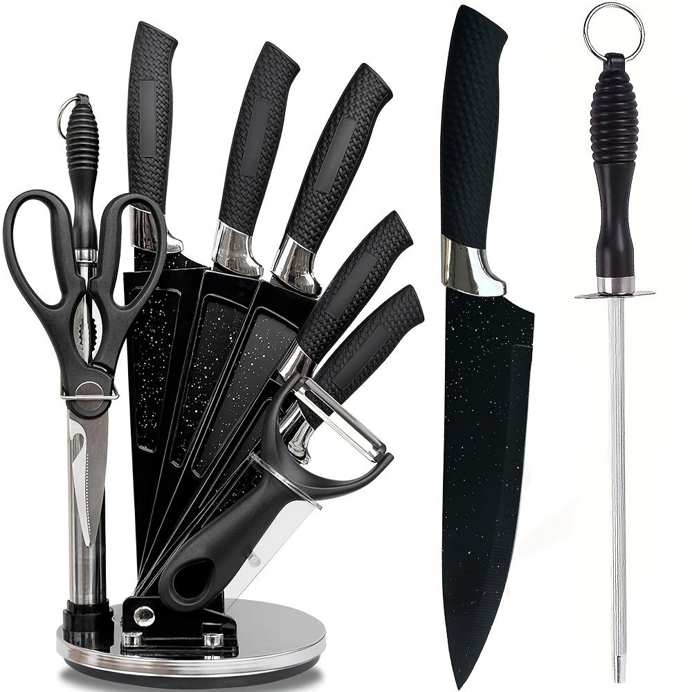 TEMU 9pcs Kitchen Knife Block Collection, Chef Knife Set, Block Of Knives, German Stainless Steel Kitchen Knives, Ergonomically Designed Handles