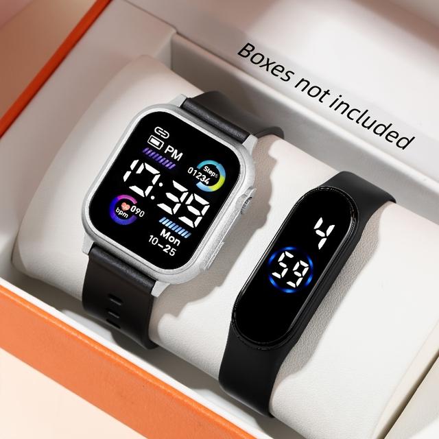 TEMU طقم ساعات يد إلكترونية أنيقة وبسيطة مكون من قطعتين، تتميز بشاشة LED، وأحزمة سيليكون مريحة، ووضع ساعة عالمية، و تقويم، وتصميم عصري للجنسين، ومناسبة للرياضة والارتداء اليومي الكاجوال