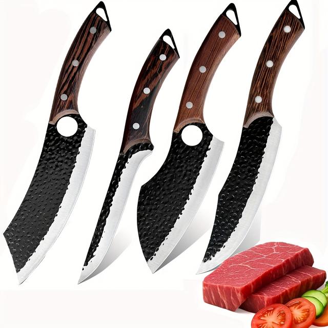 TEMU 4pcs Hand Butcher Knife Set, Serbian Chef Knife, Meat Knife, Boning Knife, Butcher Knife, High Carbon Stainless Steel Meat Cutting Knife For Home Kitchen & Outdoor