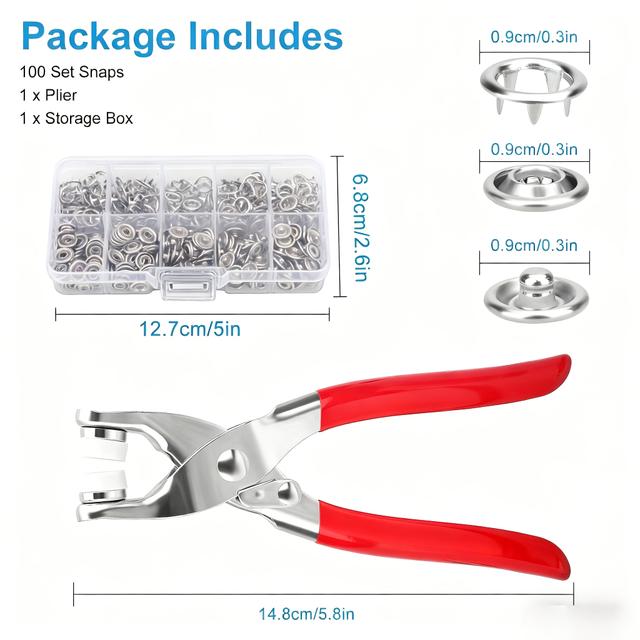 TEMU Kit de 100 broches metálicos, botones a presión y alicates de presión manual, ideal para proyectos de costura que involucran cuero sintético, prendas, cinturones y bolsos