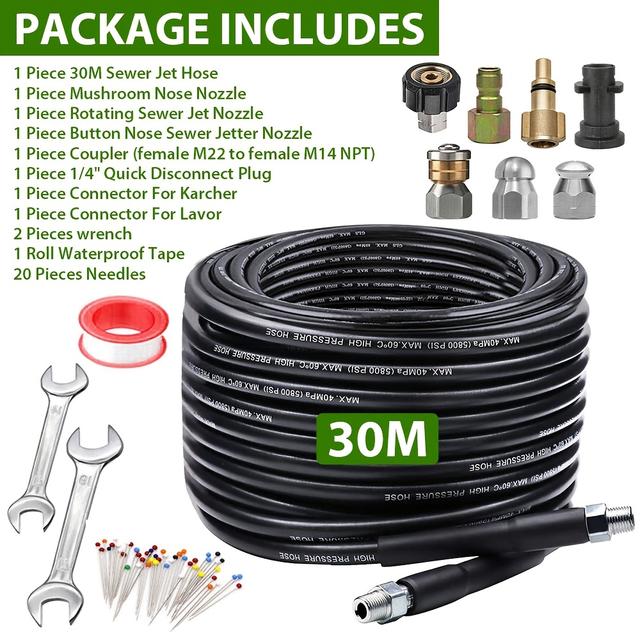 TEMU High-pressure 5800psi Sewer Jetter Hose Kit Connect - Includes Mushroom, Rotating & Button Nozzles For Drain Cleaning, Fit