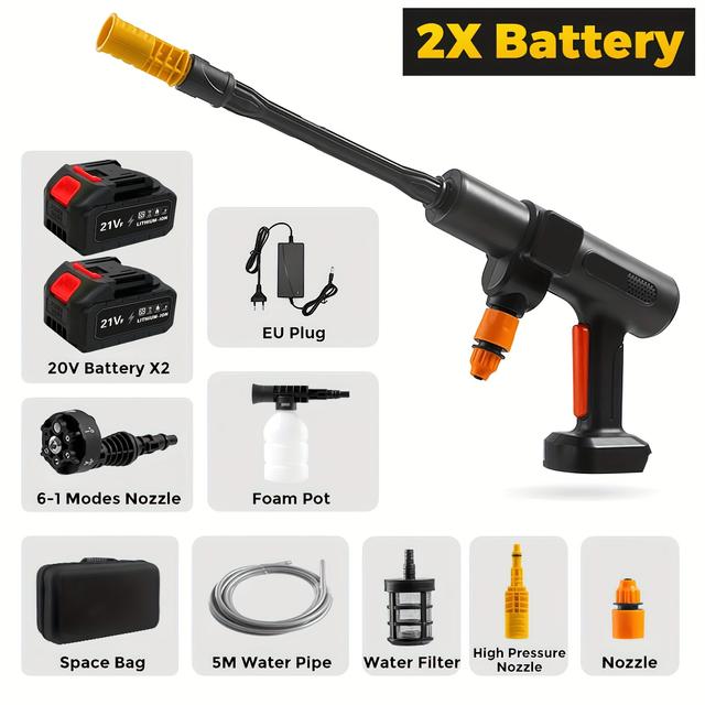 TEMU Portable Cordless Pressure Washer Suitable For Cleaning & Irrigation - Heavy-duty 21v Max Pressure 200bar Jet Washer With 2 Batteries, Foam Sprayer, 6-in-1 Nozzle & Rotatable Spray