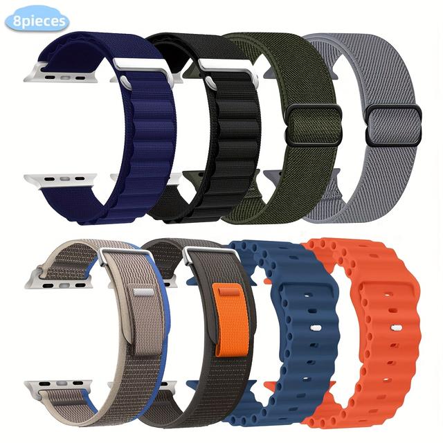 TEMU 8pcs Set Compatible With For Watch 49mm, 46mm, 45mm, 44mm, 42mm, 41mm, 40mm, 38mm For Men And Women, Featuring Breathable , Alpine Loop, Elastic Bands, And Buckle Silicone Straps