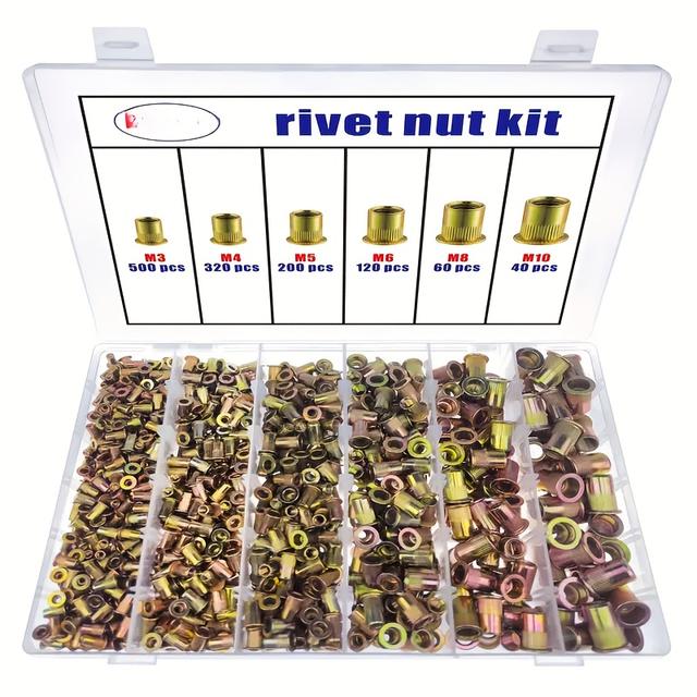 TEMU 165pcs Carbon Steel Rivet Nuts Set - Metal, Aluminum, Stainless Steel And Fibre Threaded Inserts For M3-m10 Sizes, Rivet Nuts, Classification Tool Kit, Carbon Steel,