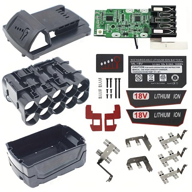 TEMU حافظة بطارية ليثيوم أيون 18 فولت 6 أمبير ليه ميلووكي مع لوحة حماية الشحن PCB - غلاف بلاستيكي شديد التحمل، حامل بطارية ليثيوم 18 فولت مع تهوية، لماكينة ميلووكي M18