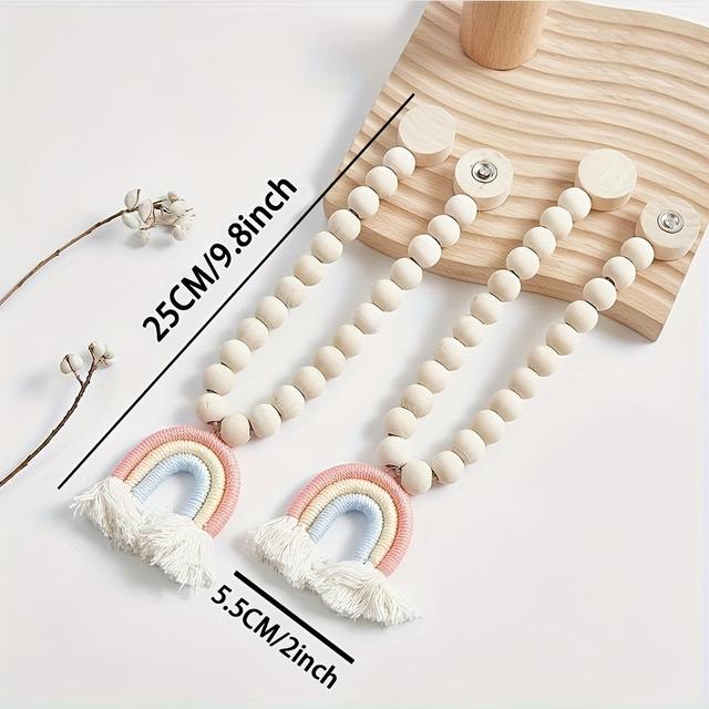 TEMU 1pc Rainbow Wooden Bead Magnetic Curtain Tieback - Contemporary Style With Pastel Beads & Tassels For Decor
