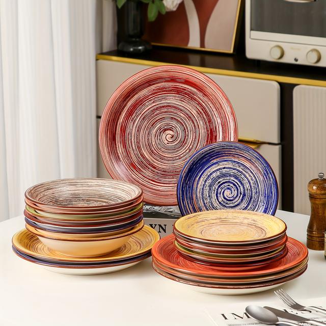 TEMU 18pcs Handpainted Ceramic Dinnerware Set - Vibrant , Rustic Chic Style, Includes 6 Dinner Plates, 6 Dessert Plates & 6 Soup Bowls - , Microwave Safe Tableware For 6, Vancasso
