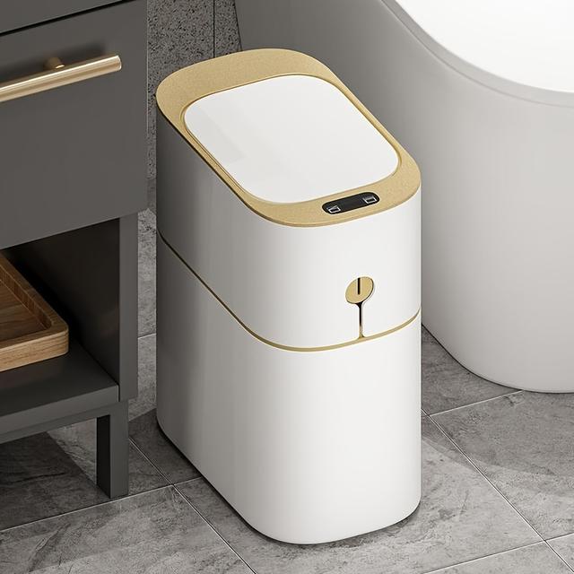 TEMU 4 Gallon Bathroom Trash Can - Slim, Small, 7.5 Liter Garbage Bin With Lid And 1 Roll Of Trash Bags For Bedroom, Living Room, Office, White.
