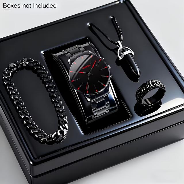 TEMU 4pcs Business Fashion Men's Round Quartz Watch Set With Stainless Steel Strap, Bracelet, Ring, And Necklace Display, Perfect Accessories For Business And Casual Wear, Ideal Gift For