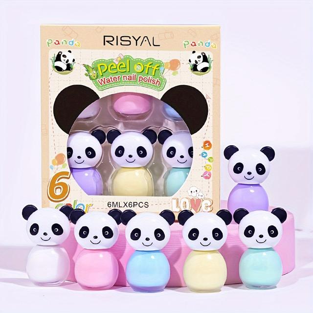 TEMU Risyal 6ml*6pcs Candy- Water-based -off Nail Polish In Solid Macaron Colors, Quick-drying, Odorless, And Cartoon Panda Design