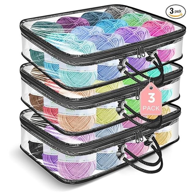 TEMU 3-pack Clear Yarn Storage Bags With Zipper Closure & Handles - 12x16x4 Inch Durable Organizer For Craft Supplies, Spacious Storage For Yarn, Ribbons, Threads, Yarn Storage